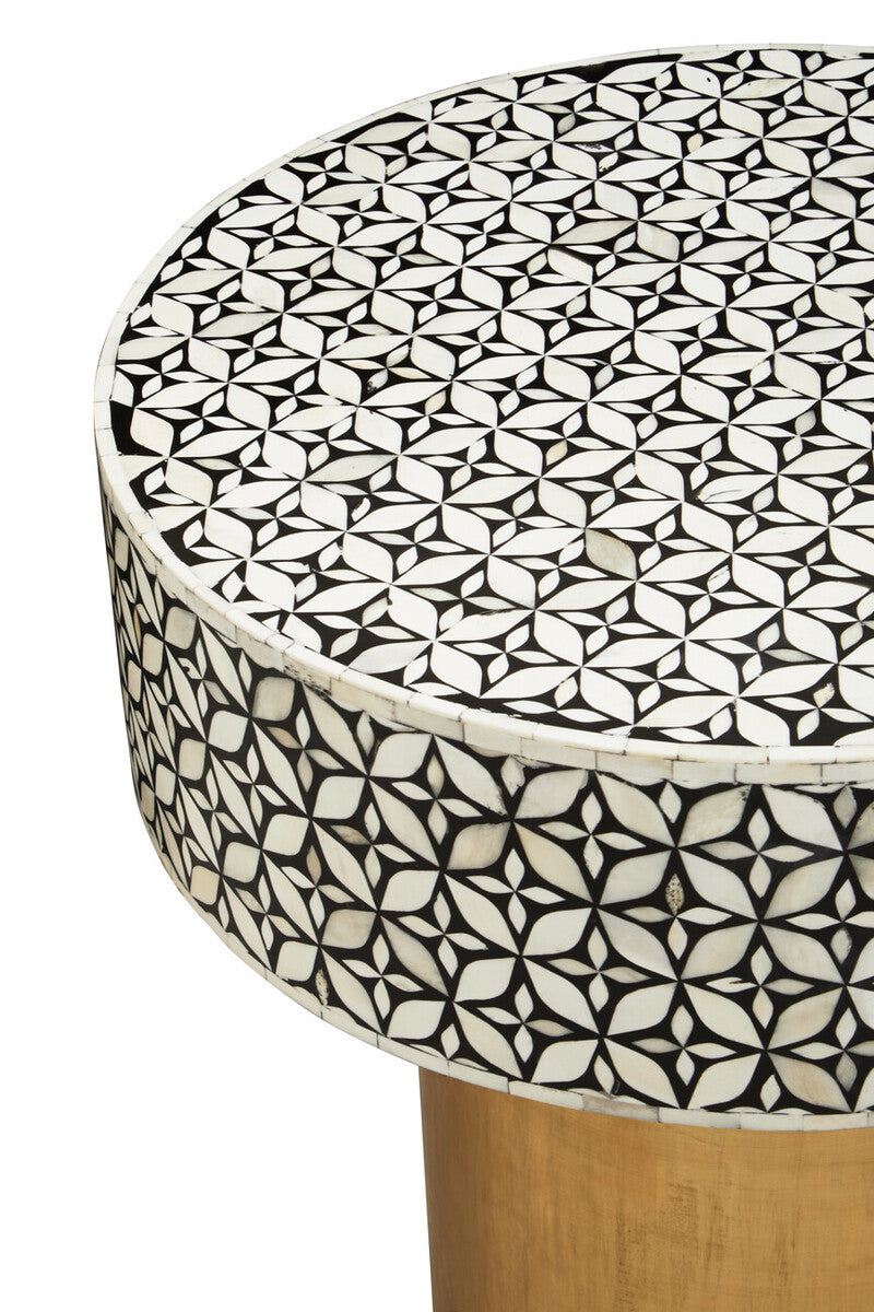Fusion Black and White Bone Inlay Round Side Table with Gold Base