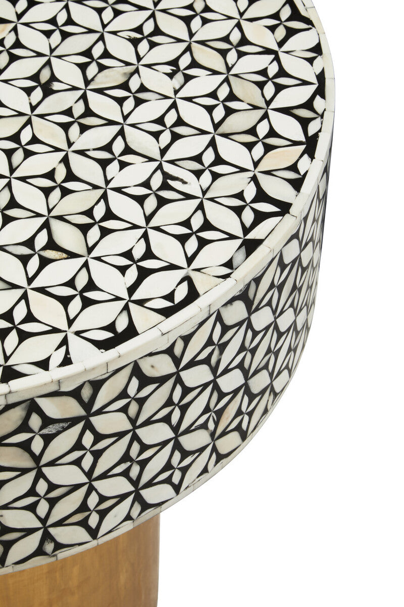 Fusion Black and White Bone Inlay Round Side Table with Gold Base