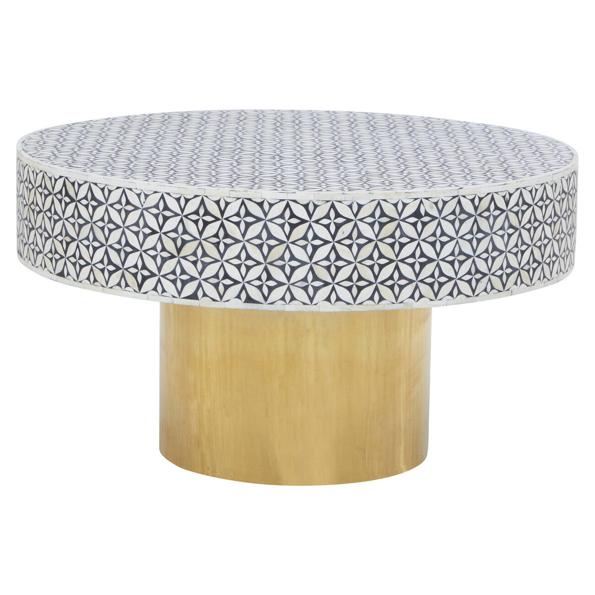 Fusion Black and White Bone Inlay Round Coffee Table with Gold Base