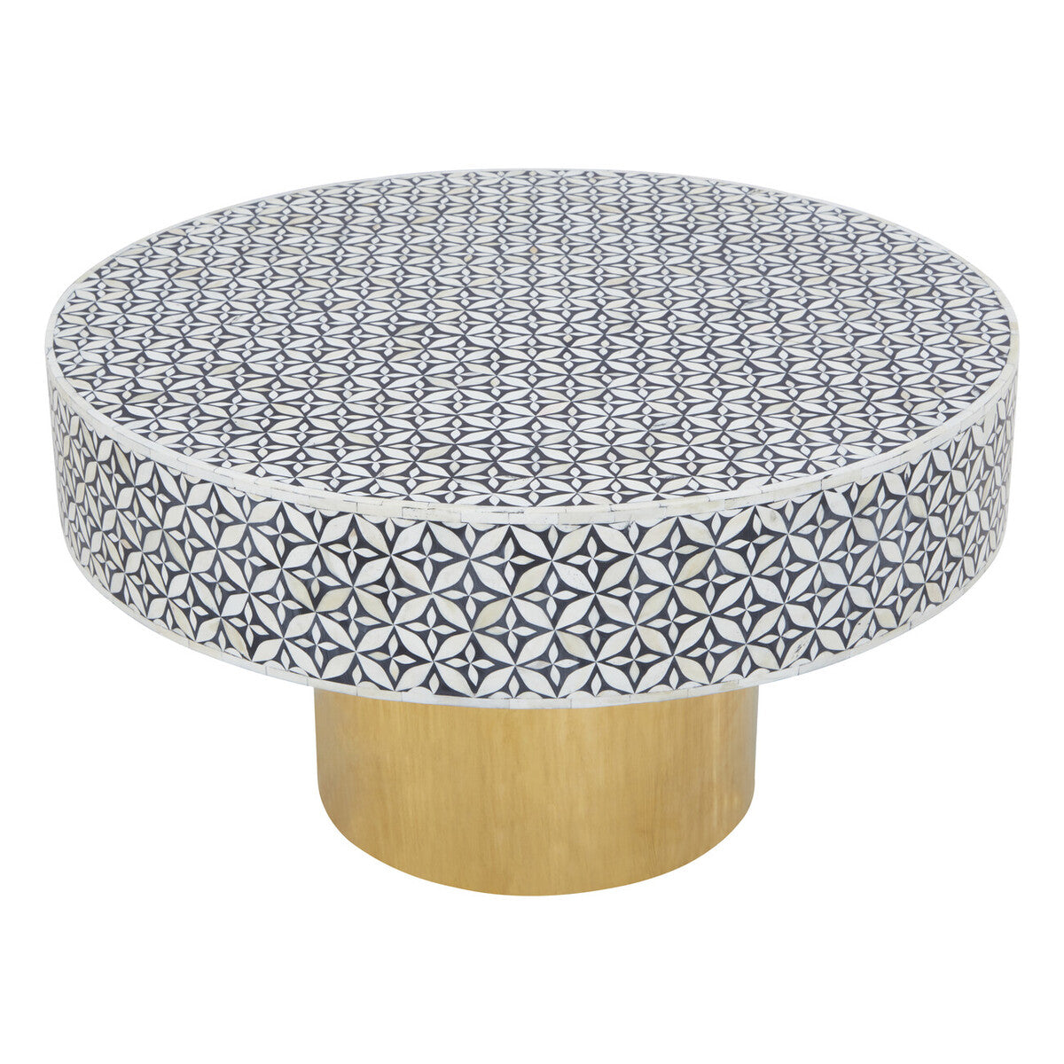 Fusion Black and White Bone Inlay Round Coffee Table with Gold Base