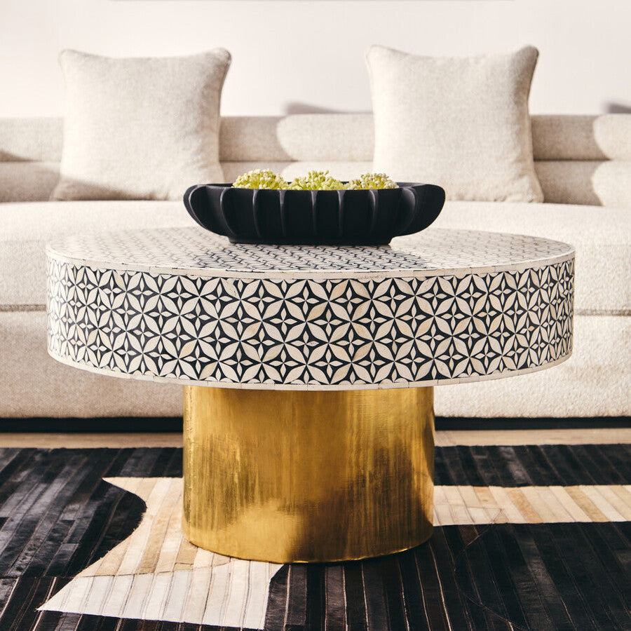Fusion Black and White Bone Inlay Round Coffee Table with Gold Base