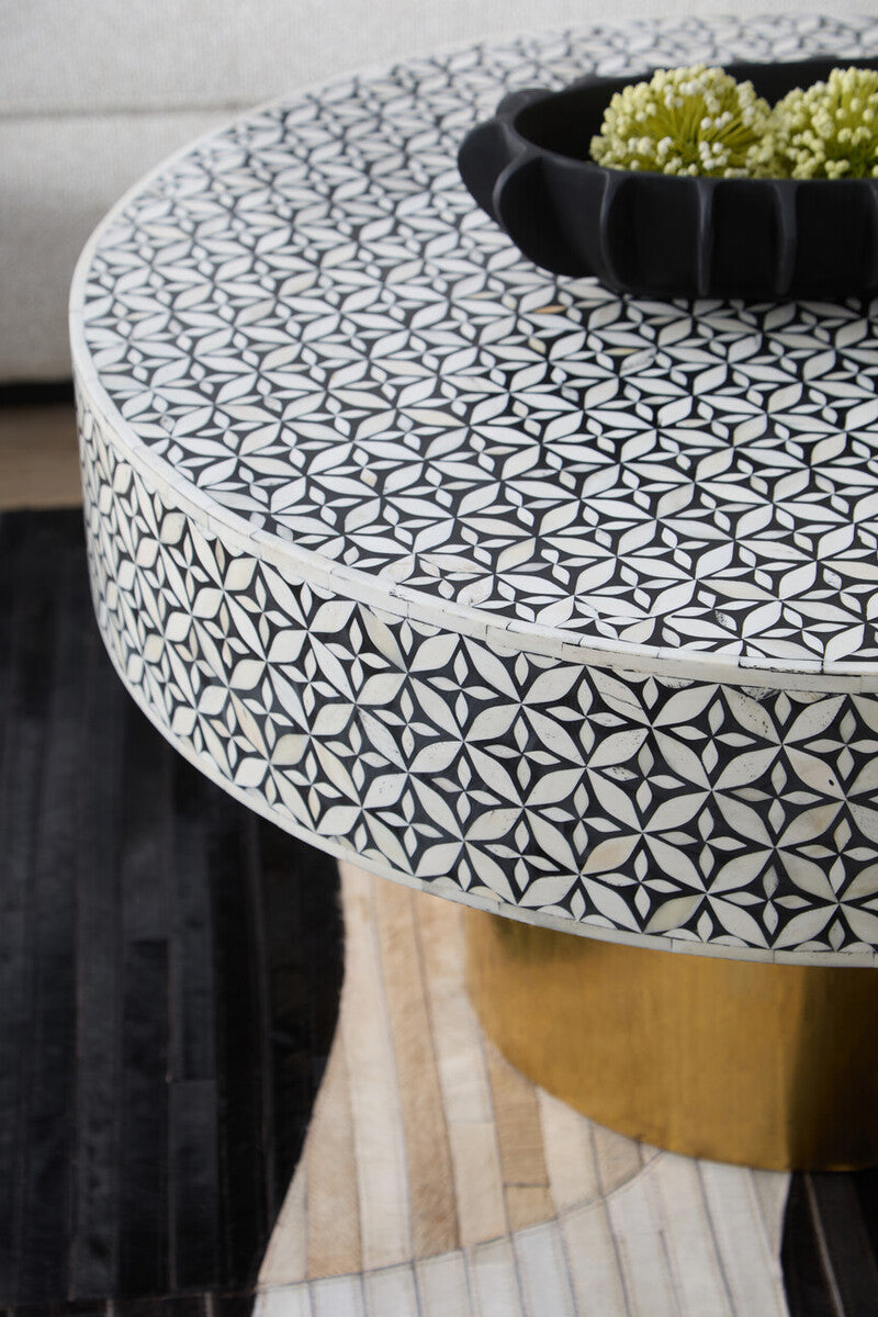 Fusion Black and White Bone Inlay Round Coffee Table with Gold Base
