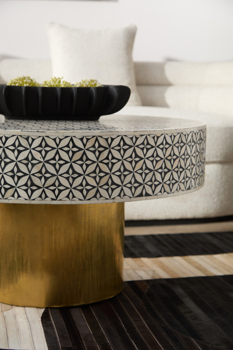 Fusion Black and White Bone Inlay Round Coffee Table with Gold Base