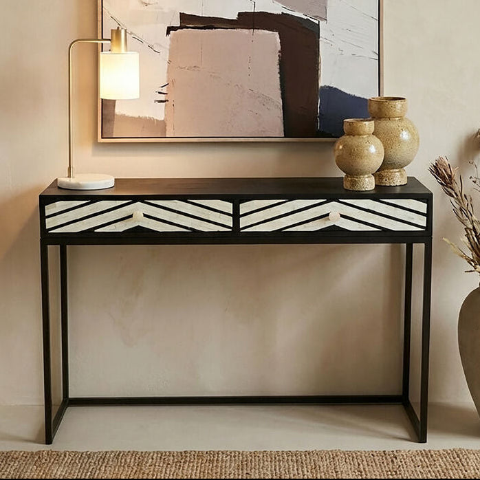 Fusion Black and White Bone Inlay Console Table with 2 Drawers