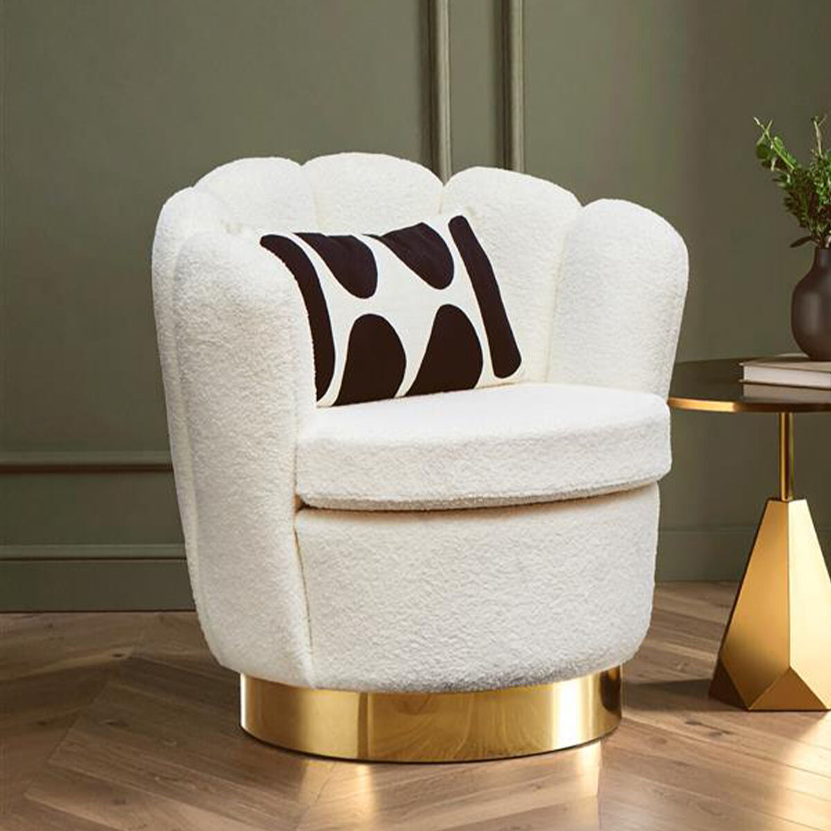 Biarritz Off White Boucle Scalloped Swivel Chair with Gold Base