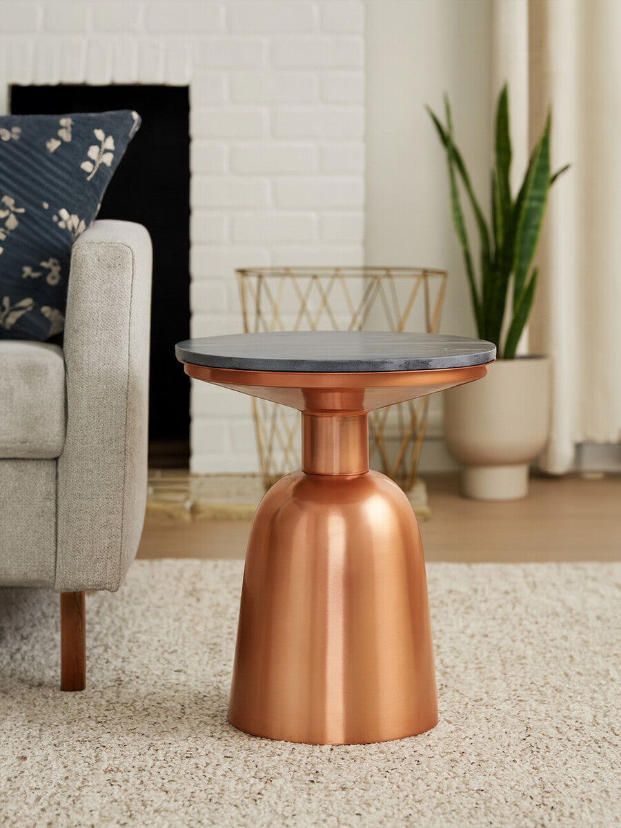 Amira Black Marble Side Table with Copper Finish Base