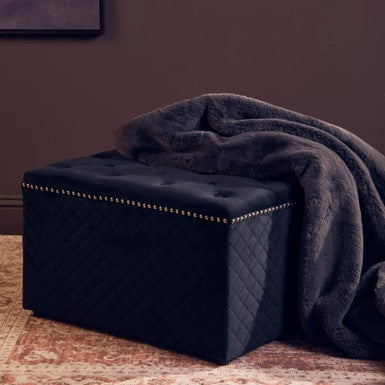 Zamora Square Black Velvet Ottoman with Button Tufting