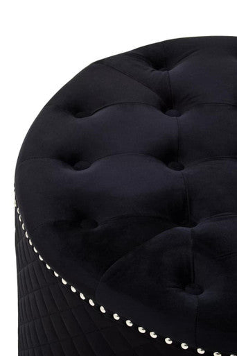 Zamora Round Black Velvet Ottoman with Button Tufting