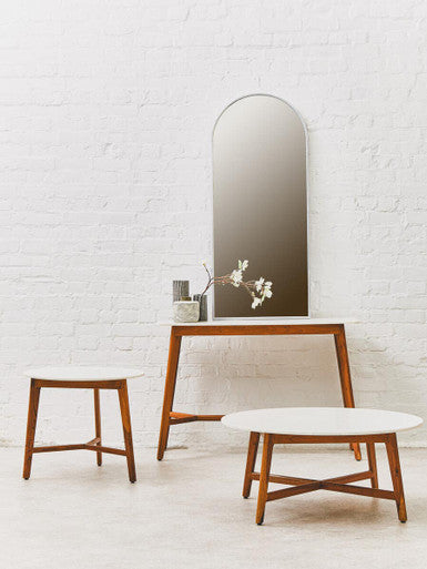 Myan Natural Acacia Wood and White Marble Console Table