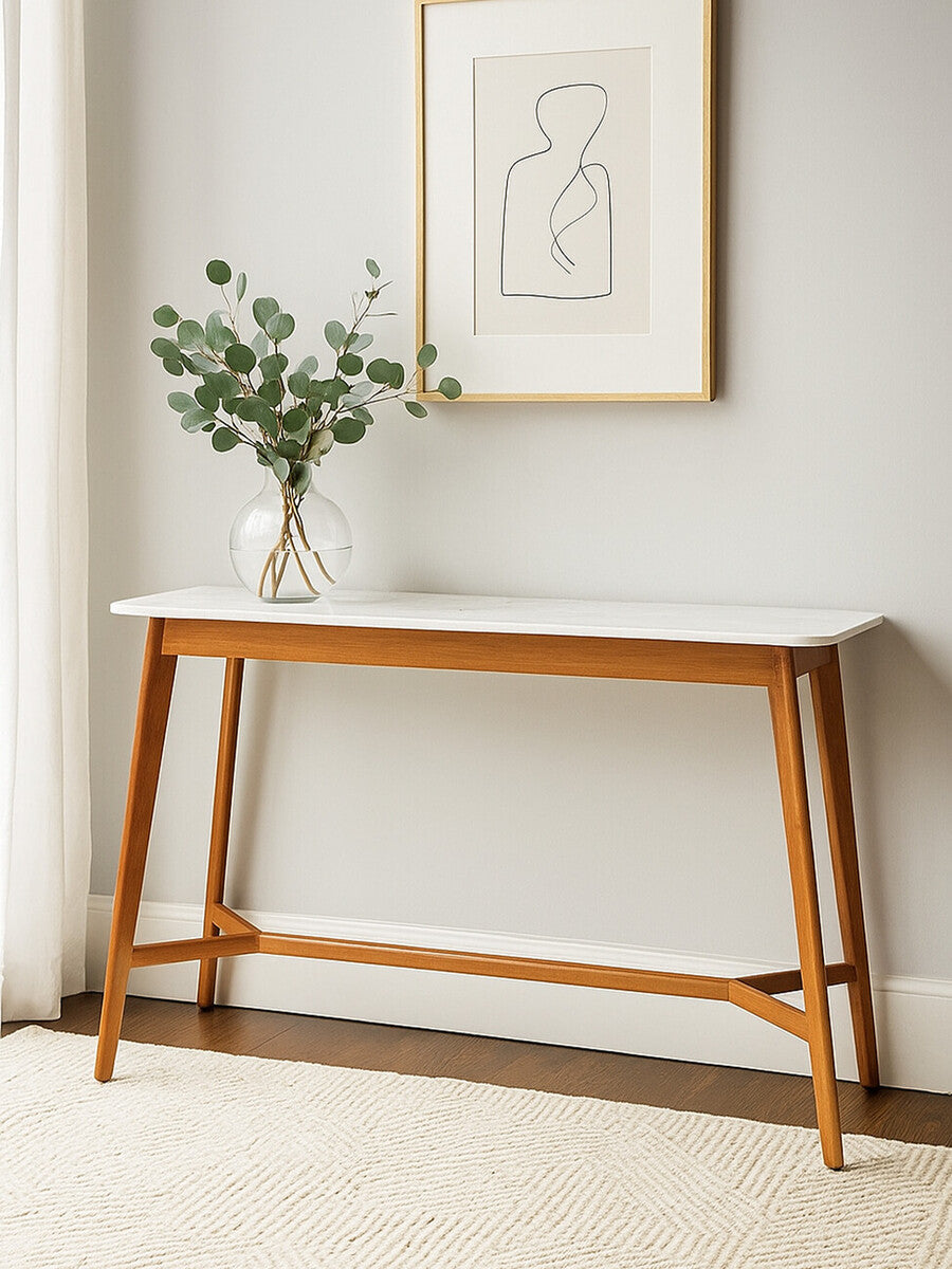 Myan Natural Acacia Wood and White Marble Console Table