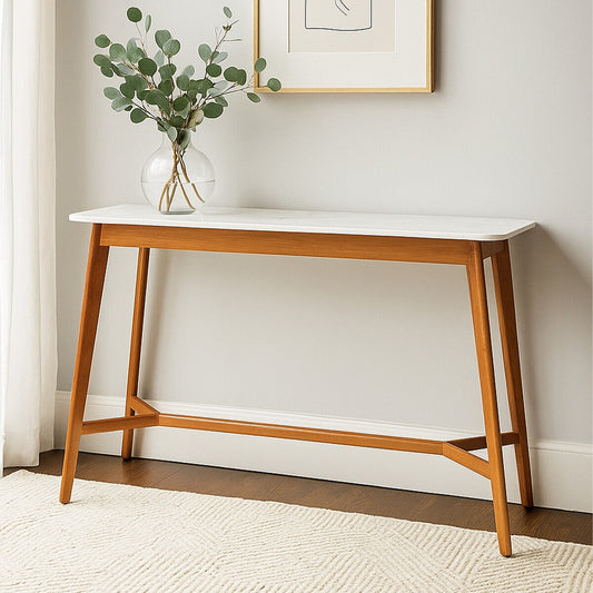 Myan Natural Acacia Wood and White Marble Console Table