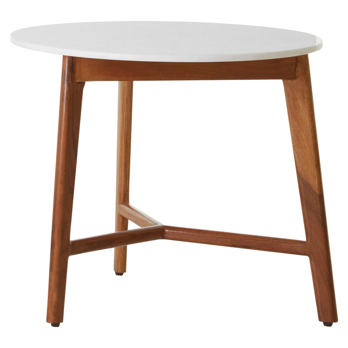 Myan White Marble and Acacia Wood Round Side Table