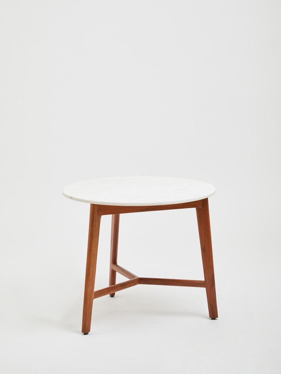 Myan White Marble and Acacia Wood Round Side Table