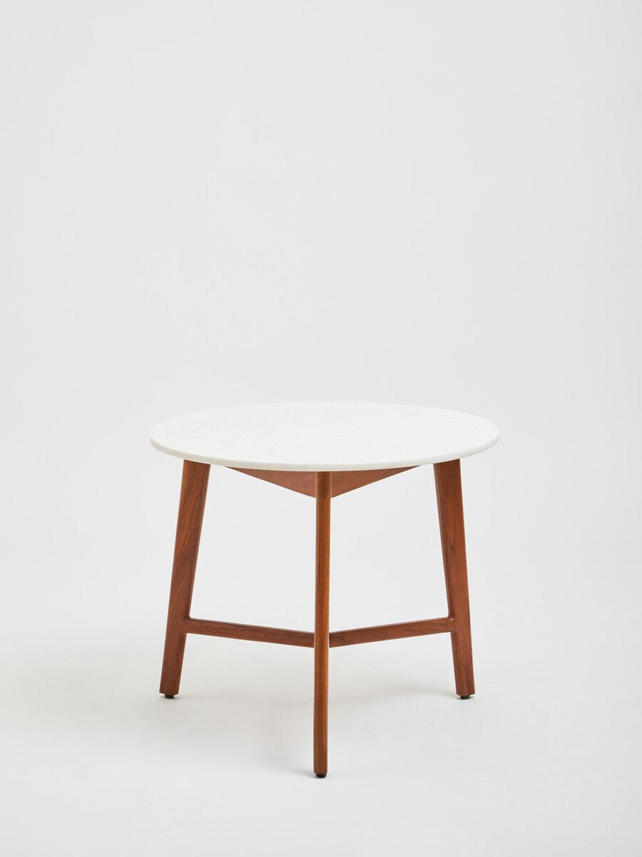Myan White Marble and Acacia Wood Round Side Table
