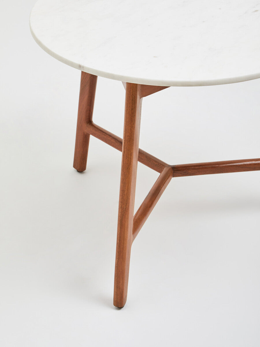 Myan White Marble and Acacia Wood Round Side Table