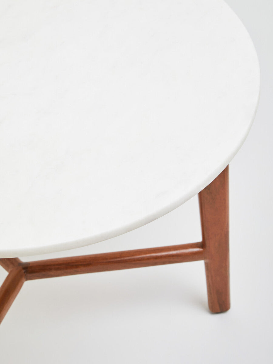 Myan White Marble and Acacia Wood Round Side Table