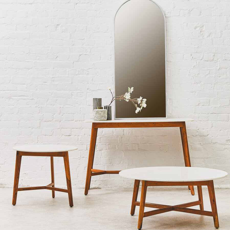 Myan White Marble and Acacia Wood Round Side Table