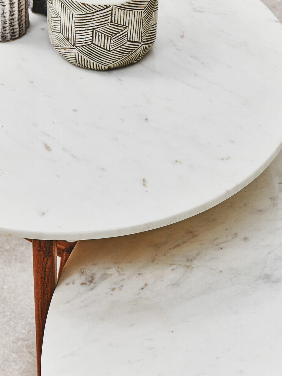 Myan White Marble and Acacia Wood Round Side Table