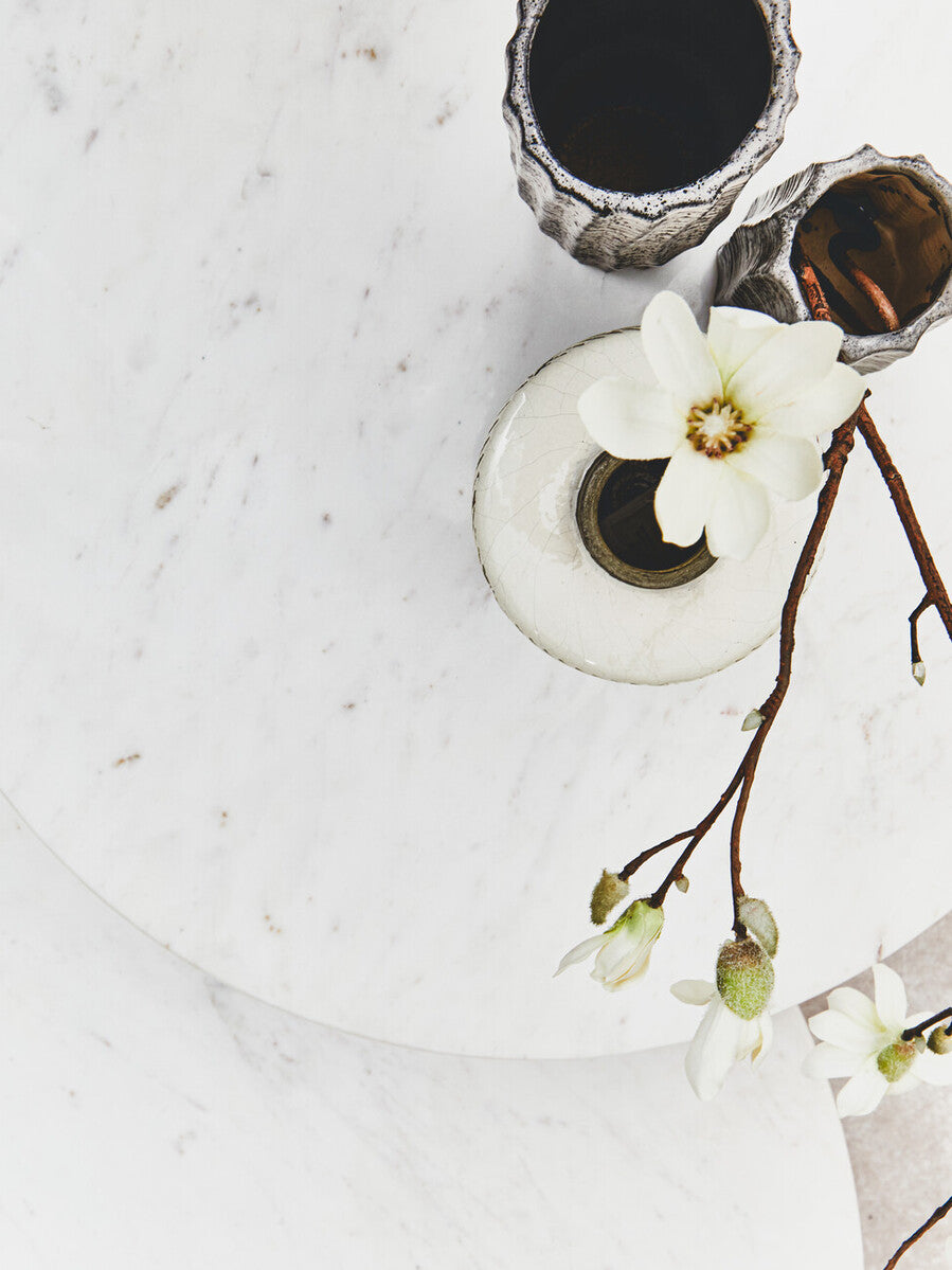 Myan White Marble and Acacia Wood Round Side Table