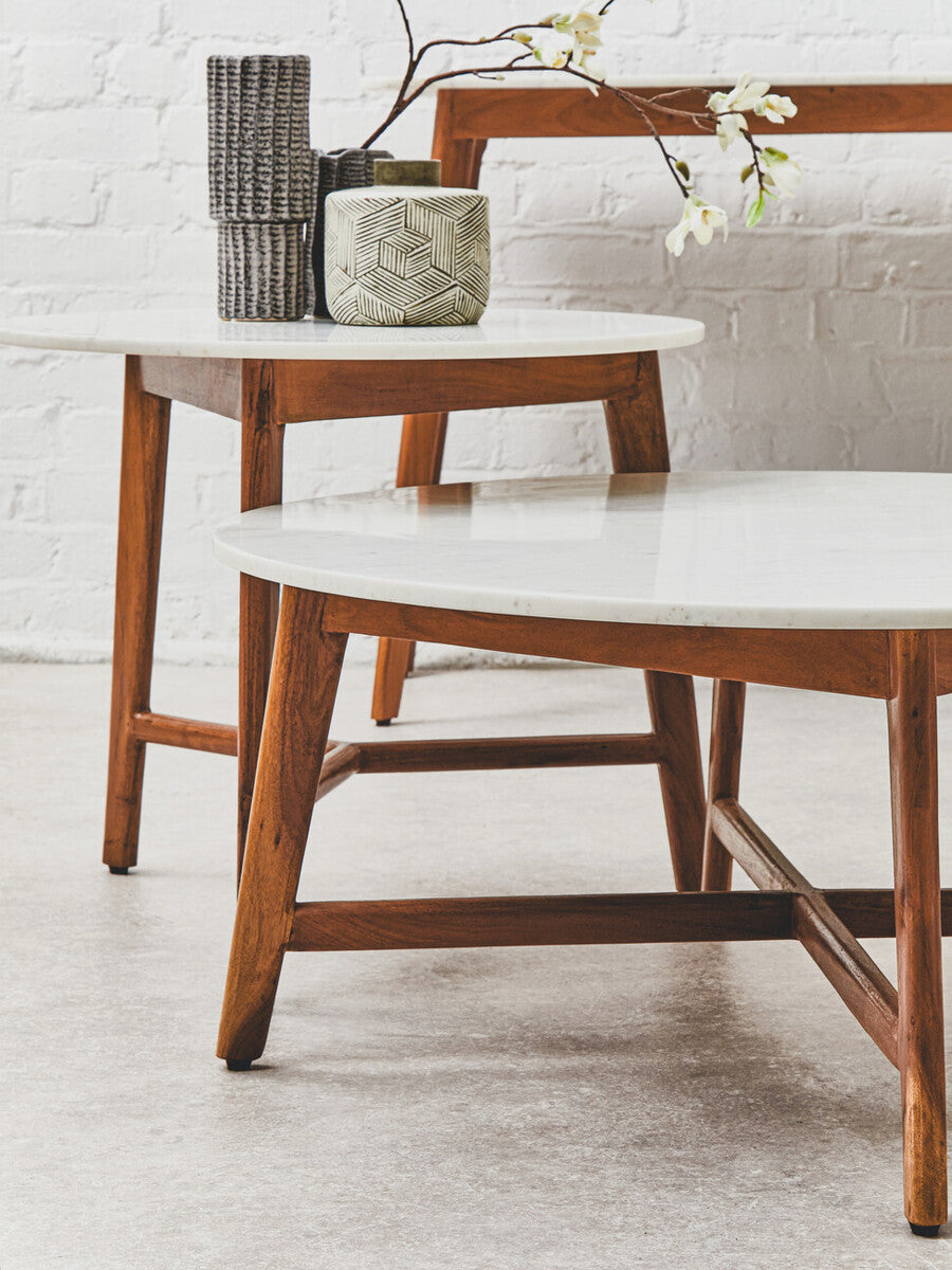 Myan White Marble and Acacia Wood Round Side Table