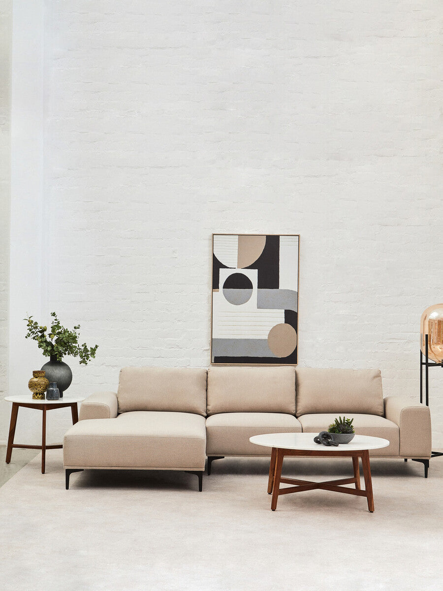 Myan White Marble and Acacia Wood Round Side Table