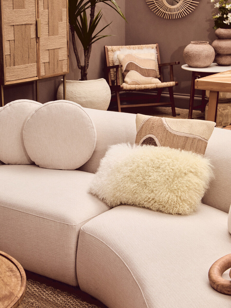 Myan White Marble and Acacia Wood Round Side Table