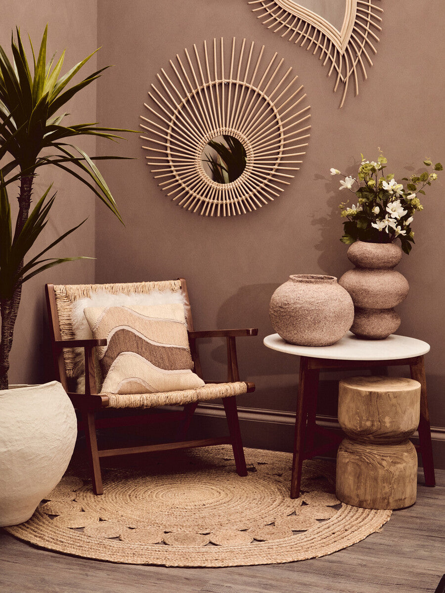 Myan White Marble and Acacia Wood Round Side Table