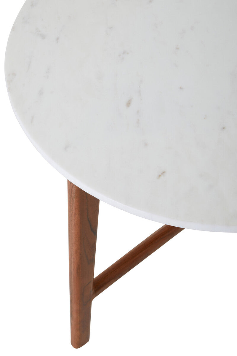 Myan White Marble and Acacia Wood Round Side Table