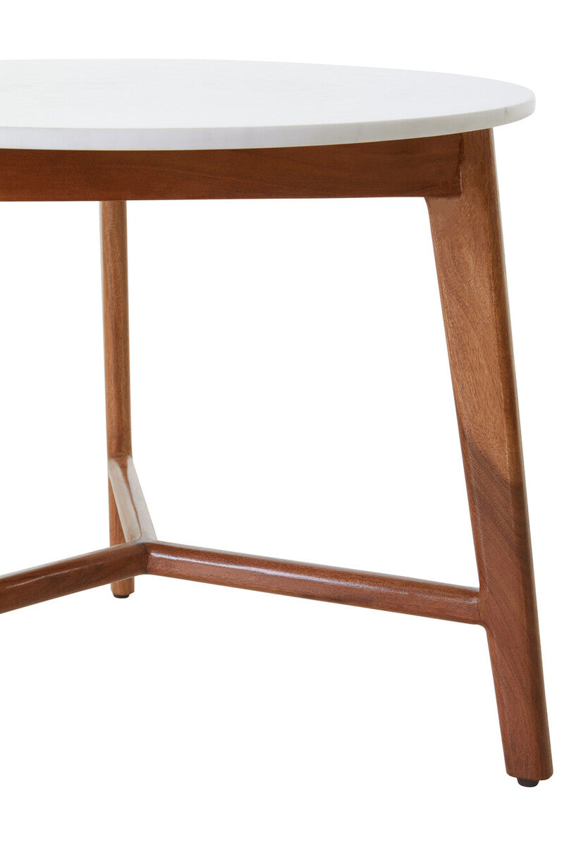 Myan White Marble and Acacia Wood Round Side Table
