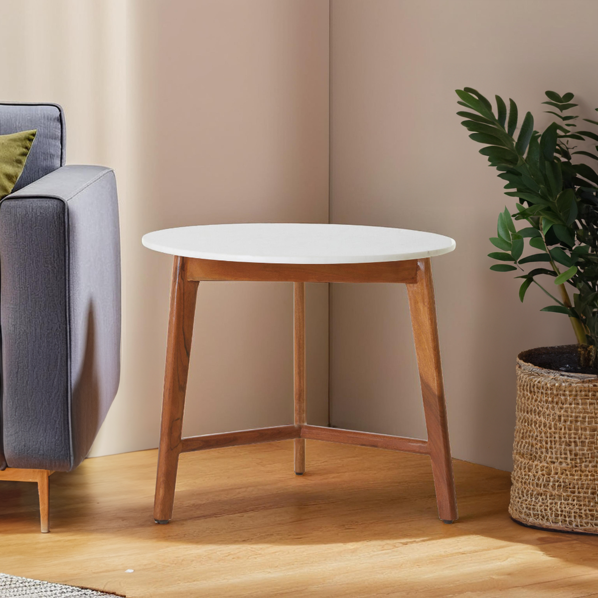 Myan White Marble and Acacia Wood Round Side Table