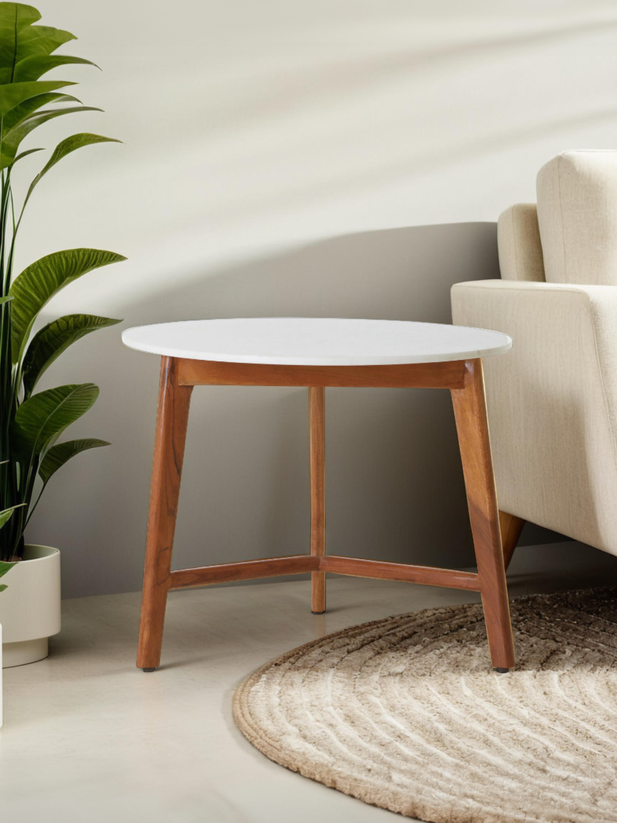 Myan White Marble and Acacia Wood Round Side Table