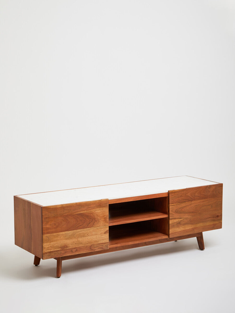 Myan Natural Acacia Wood and White Marble Media Unit