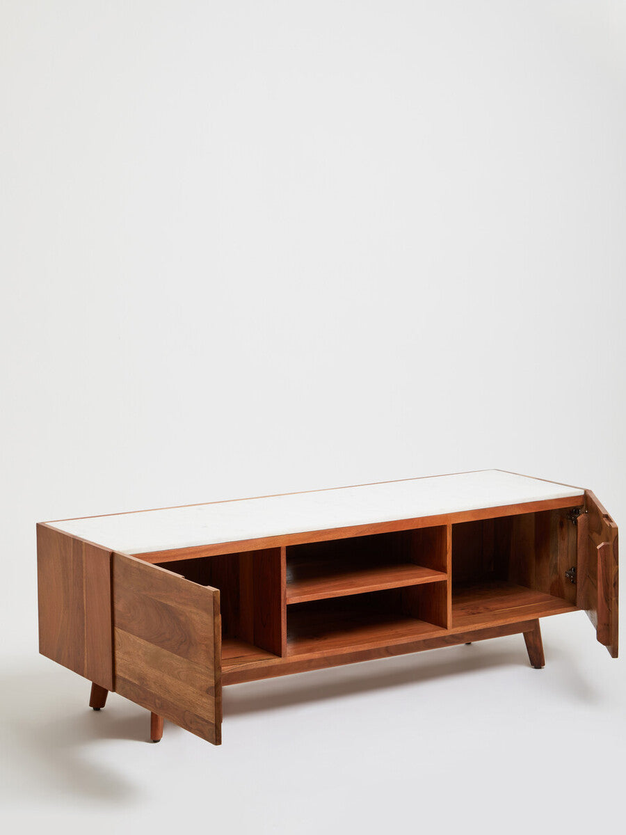 Myan Natural Acacia Wood and White Marble Media Unit