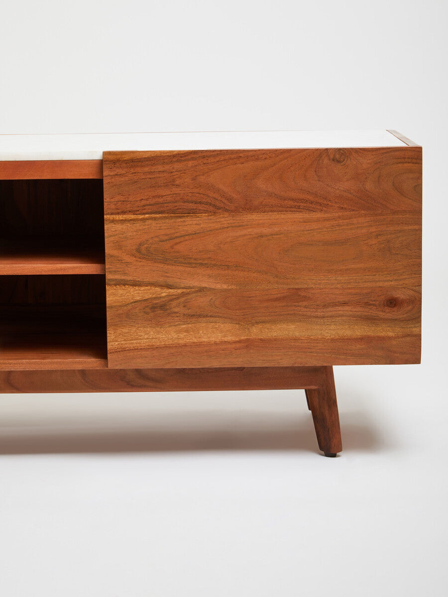 Myan Natural Acacia Wood and White Marble Media Unit