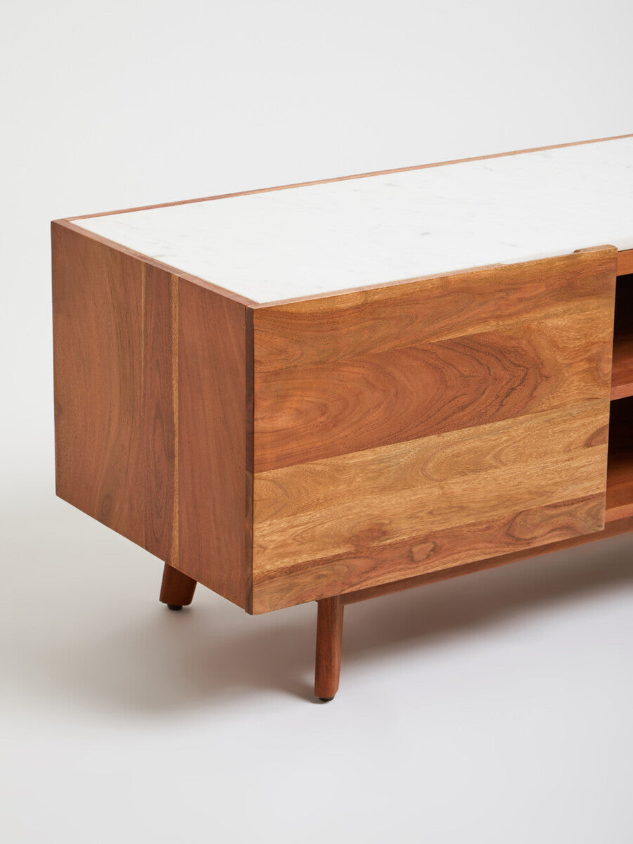 Myan Natural Acacia Wood and White Marble Media Unit
