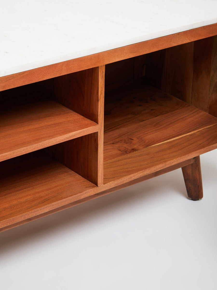 Myan Natural Acacia Wood and White Marble Media Unit