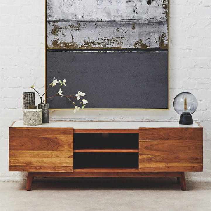 Myan Natural Acacia Wood and White Marble Media Unit