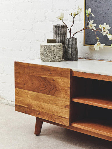 Myan Natural Acacia Wood and White Marble Media Unit