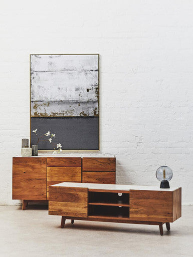 Myan Natural Acacia Wood and White Marble Media Unit