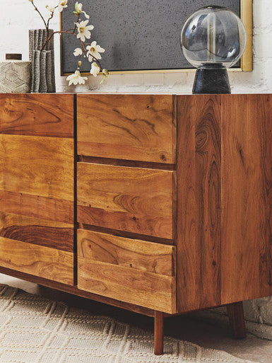 Myan Natural Acacia Wood and White Marble Sideboard