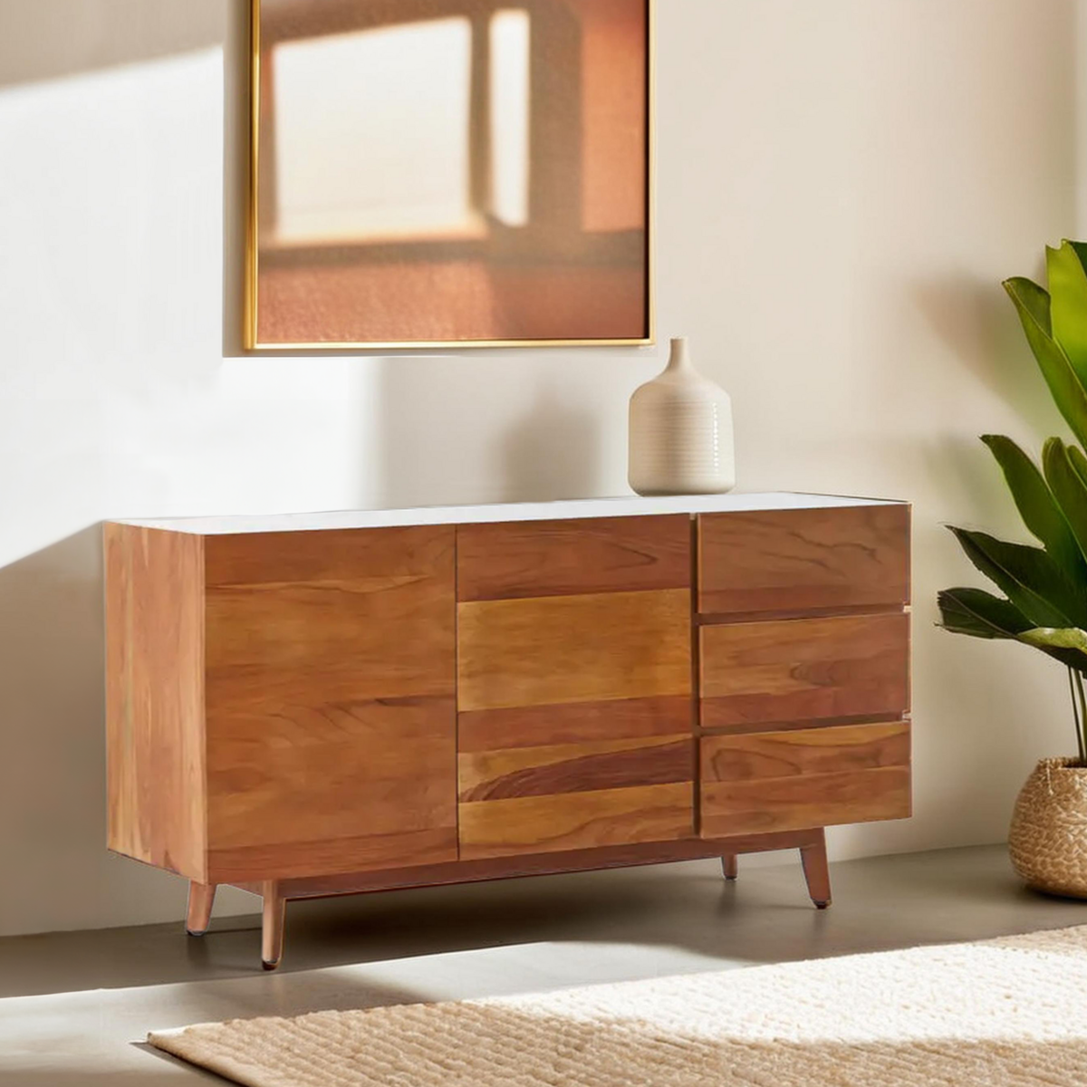 Myan Natural Acacia Wood and White Marble Sideboard