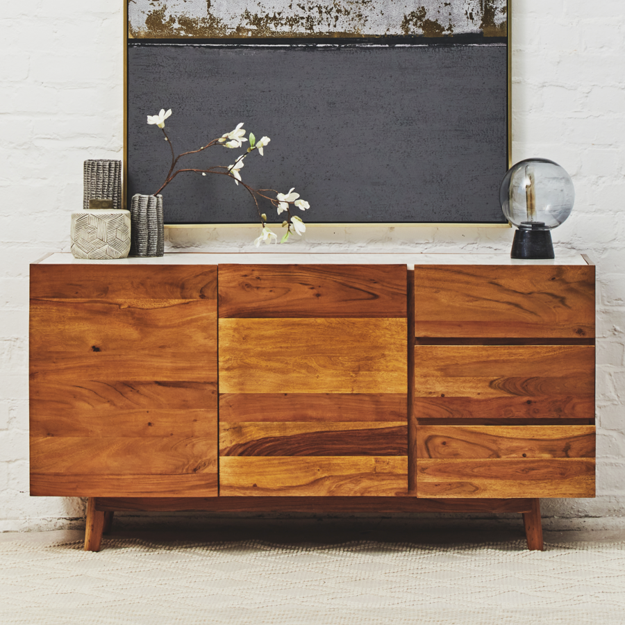 Myan Natural Acacia Wood and White Marble Sideboard