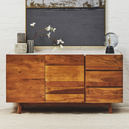Natural Acacia Wood and White Marble Sideboard