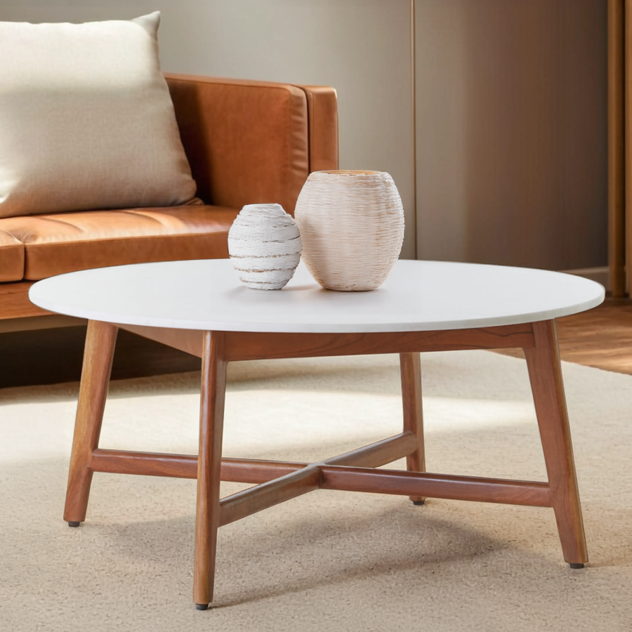 Myan Natural Acacia Wood and White Marble Round Coffee Table