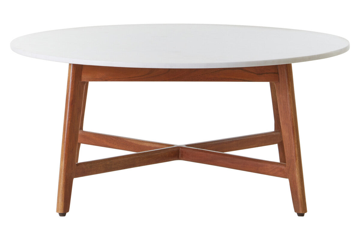 Myan Natural Acacia Wood and White Marble Round Coffee Table