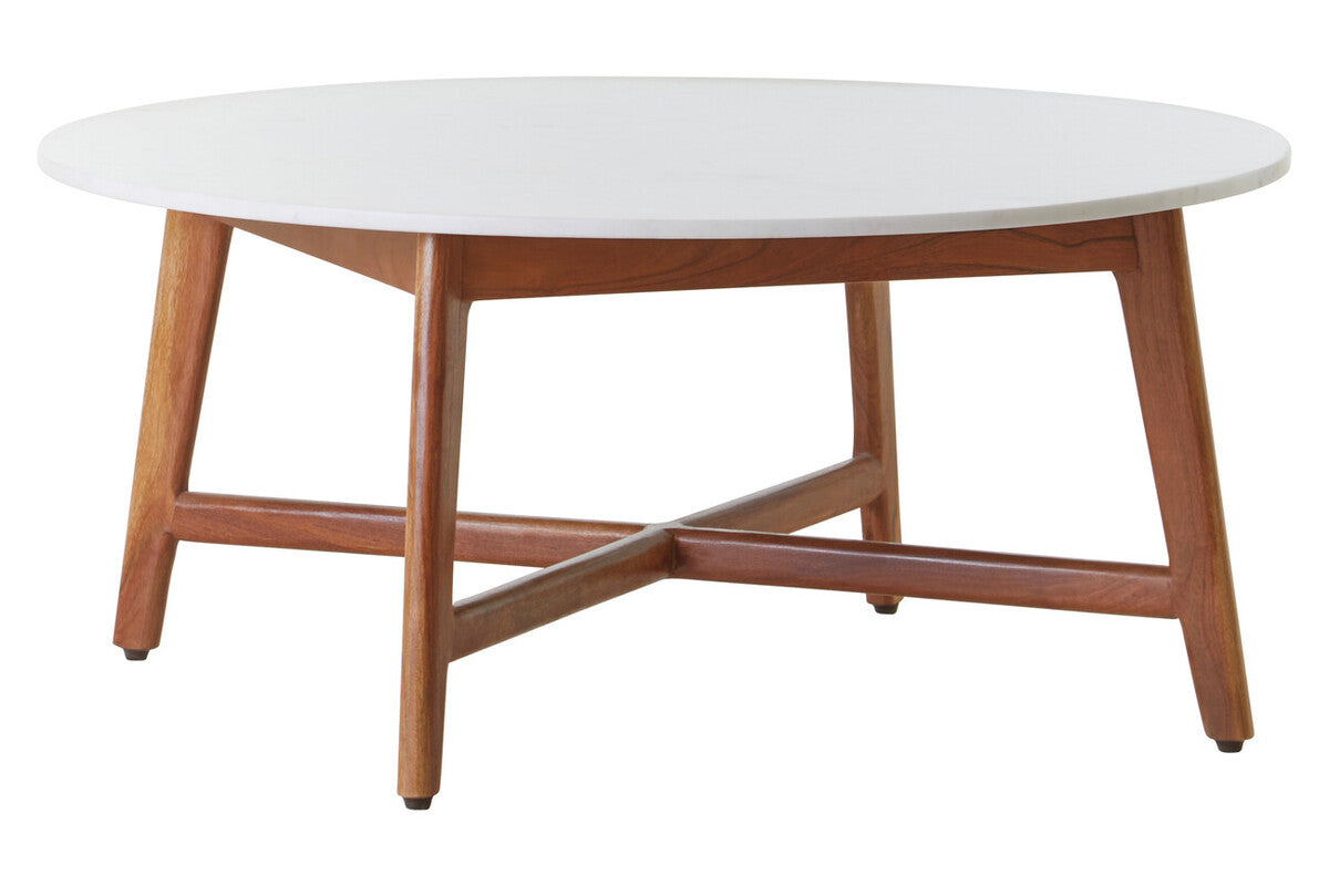 Myan Natural Acacia Wood and White Marble Round Coffee Table