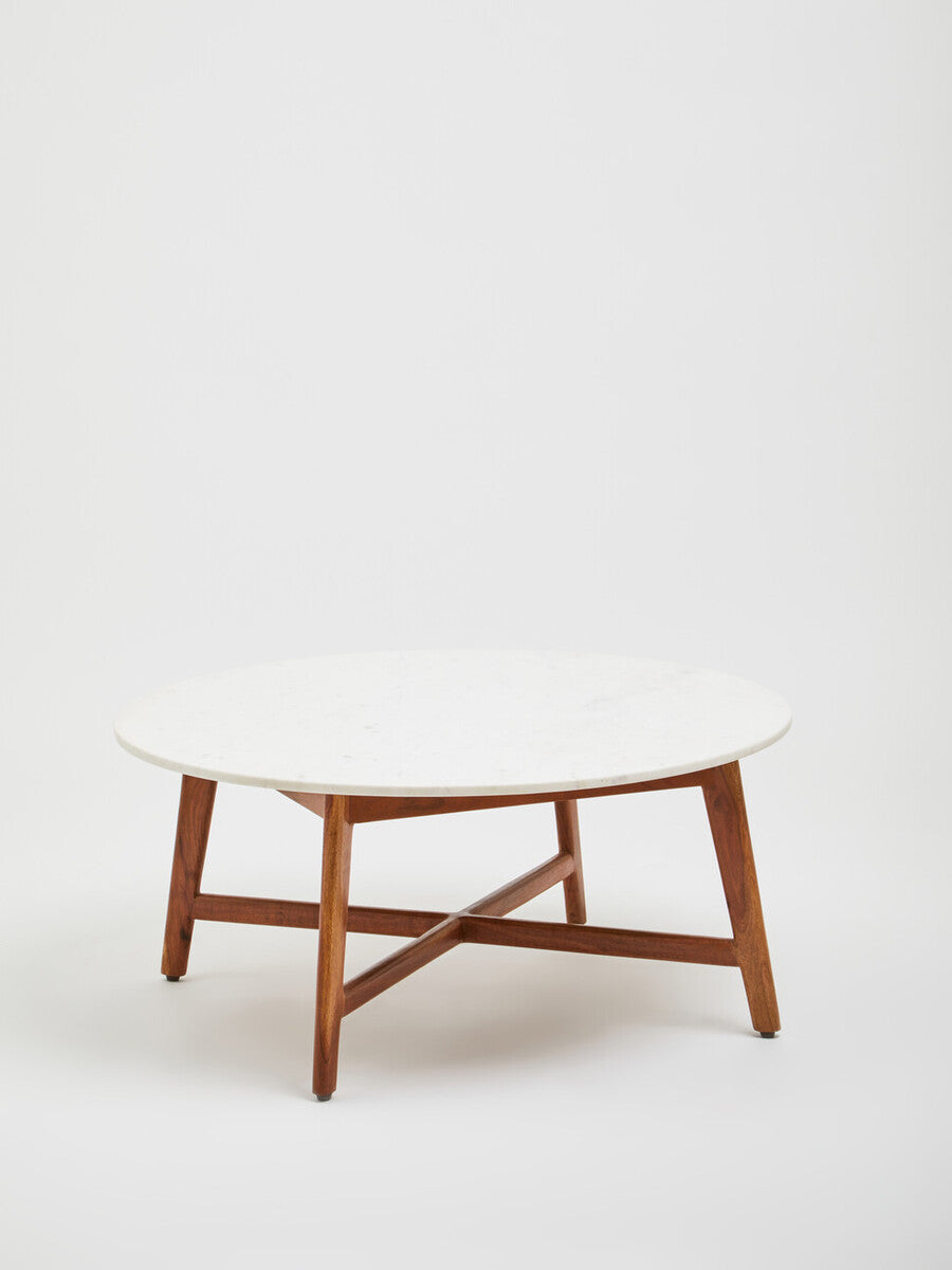 Myan Natural Acacia Wood and White Marble Round Coffee Table