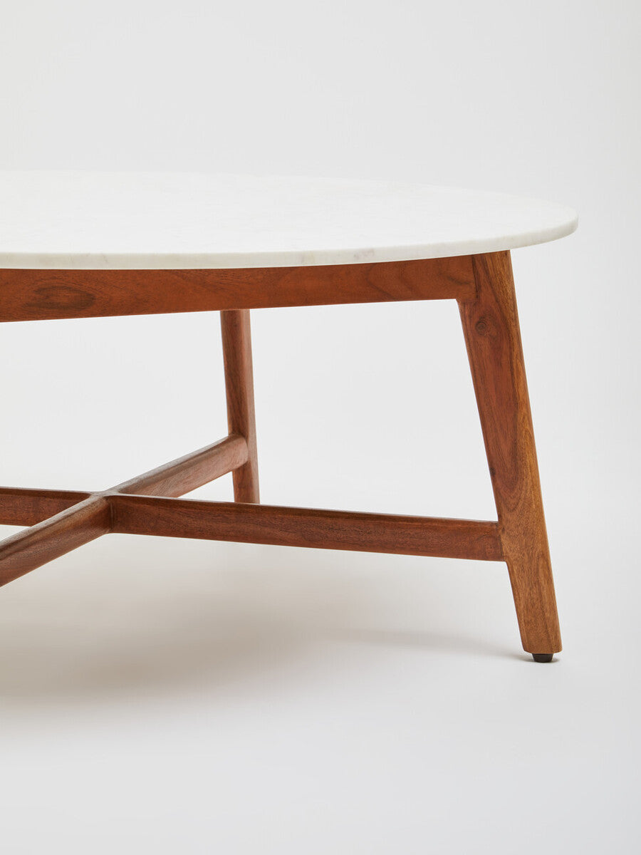 Myan Natural Acacia Wood and White Marble Round Coffee Table