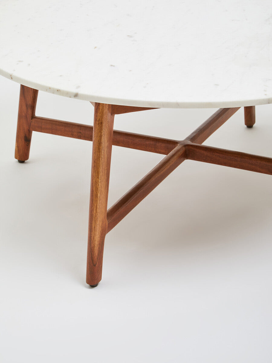 Myan Natural Acacia Wood and White Marble Round Coffee Table