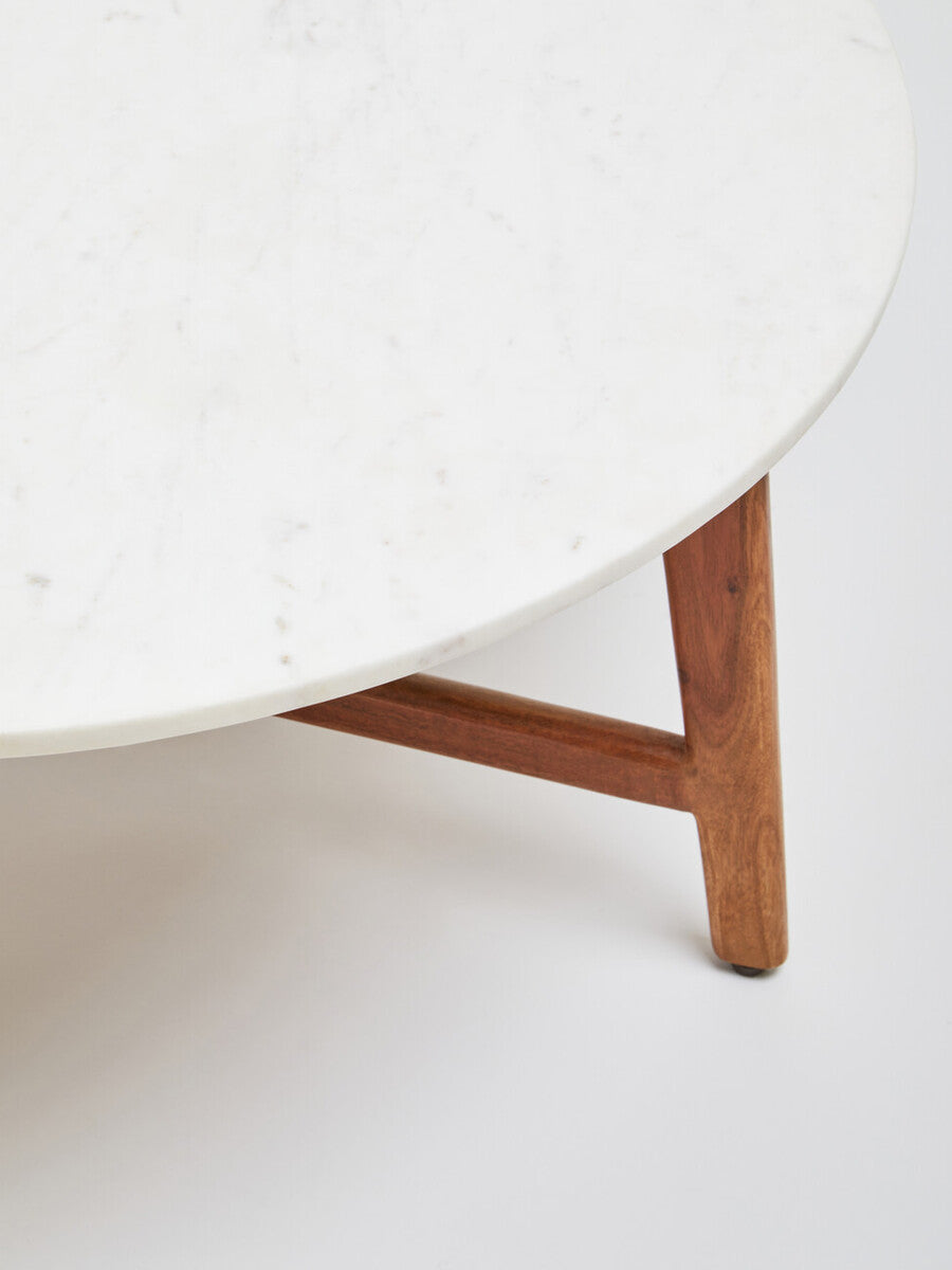 Myan Natural Acacia Wood and White Marble Round Coffee Table